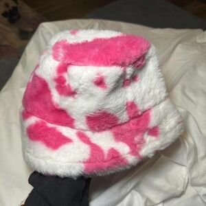 pink and white cow print fur hat